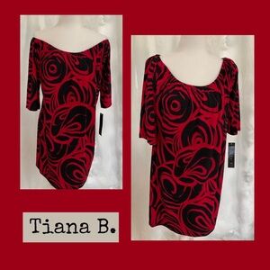 Tiana B. cherry red & black scoop neck dress abstract floral? swirls